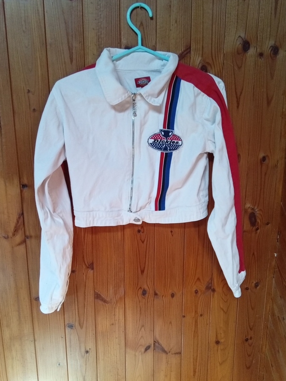Dickies White Cropped Jacket with Red Sleeve & Blue Stripe